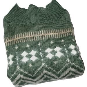 Women's Crop Sweater Fair Isle Nordic Mock Neck Sz Large Green Holiday Cabin Ski